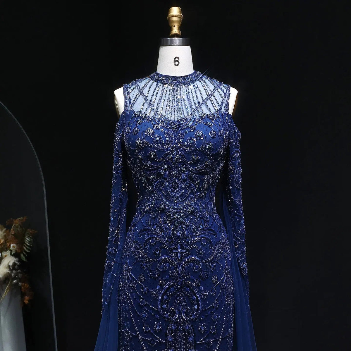 Luxury Beaded Evening Dress with Off-the-shoulder Cape Sleeves SS111