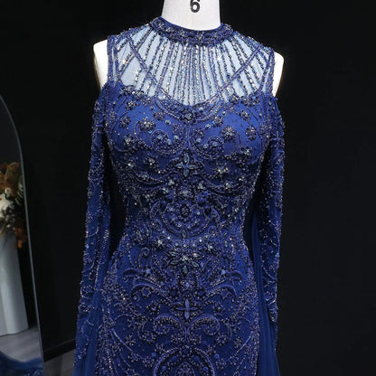 Luxury Beaded Evening Dress with Off-the-shoulder Cape Sleeves SS111