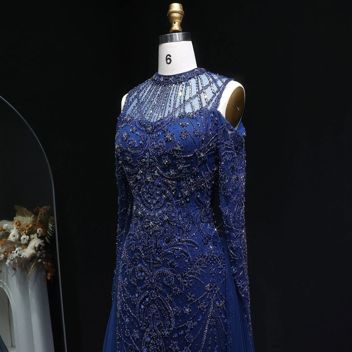 Luxury Beaded Evening Dress with Off-the-shoulder Cape Sleeves SS111