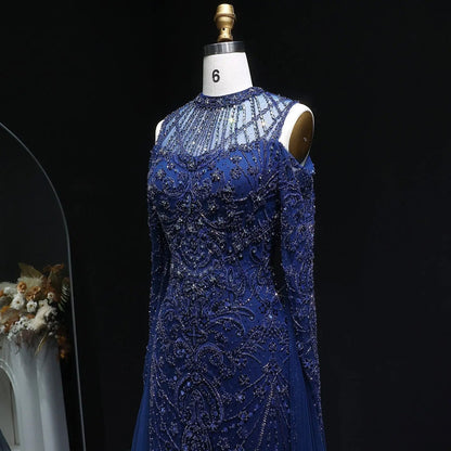 Luxury Beaded Evening Dress with Off-the-shoulder Cape Sleeves SS111