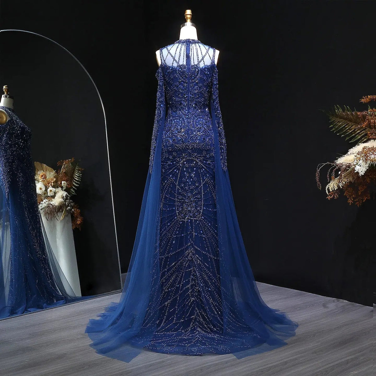 Luxury Beaded Evening Dress with Off-the-shoulder Cape Sleeves SS111