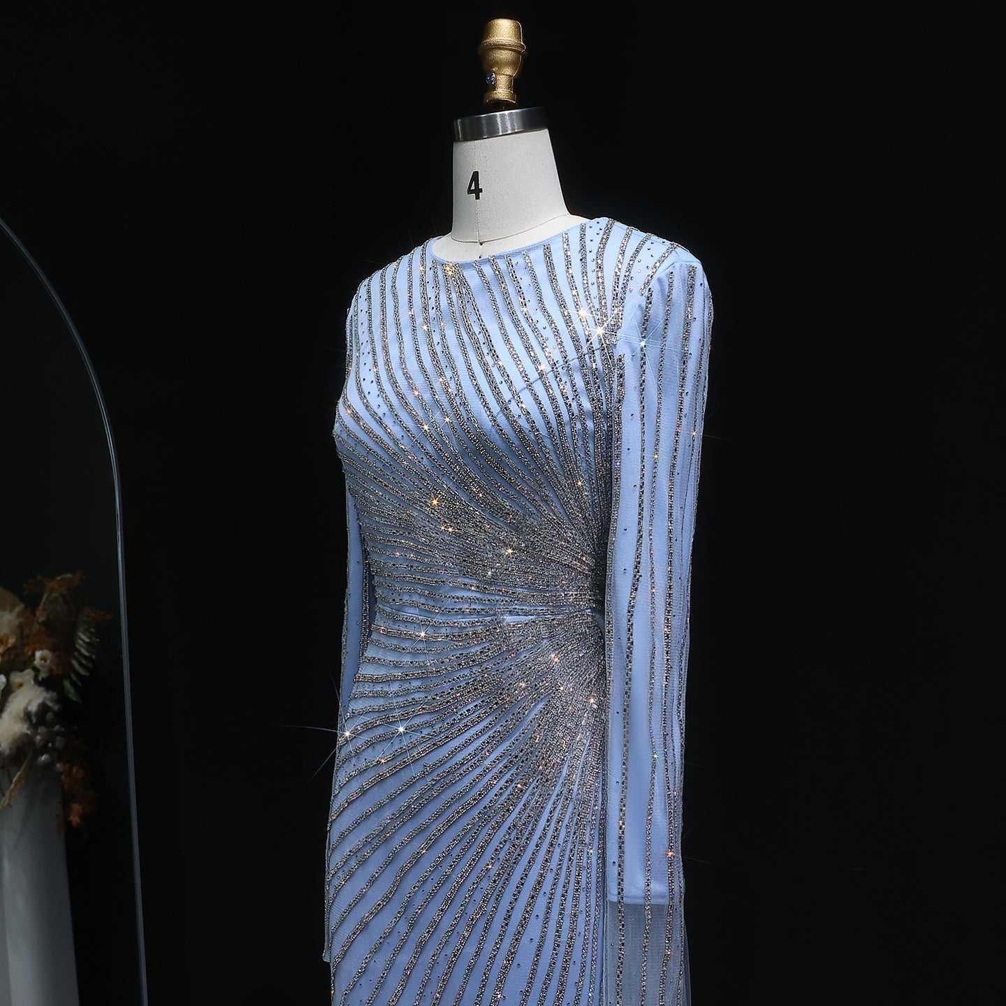 Luxury Beaded Gold Long Sleeves Evening Dress with Overskirt SS113