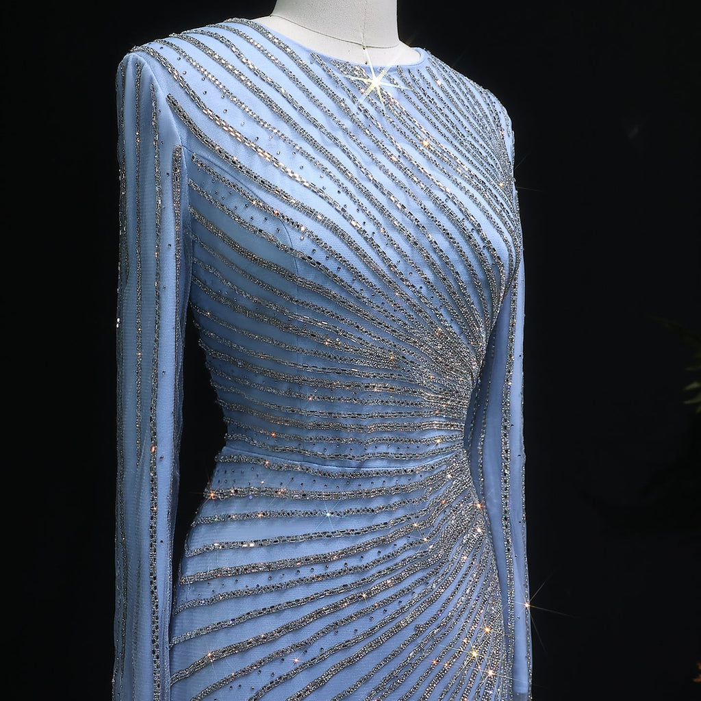 Luxury Beaded Gold Long Sleeves Evening Dress with Overskirt SS113