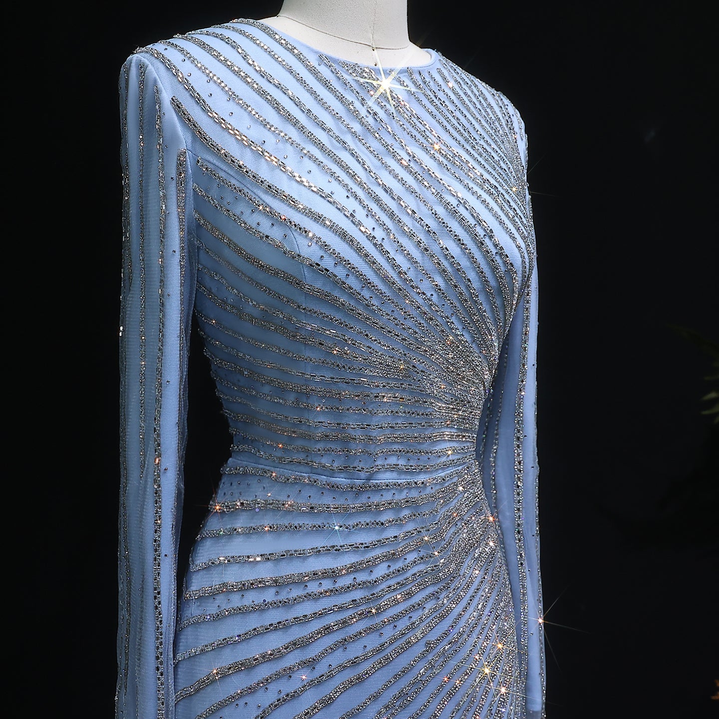 Luxury Beaded Gold Long Sleeves Evening Dress with Overskirt SS113
