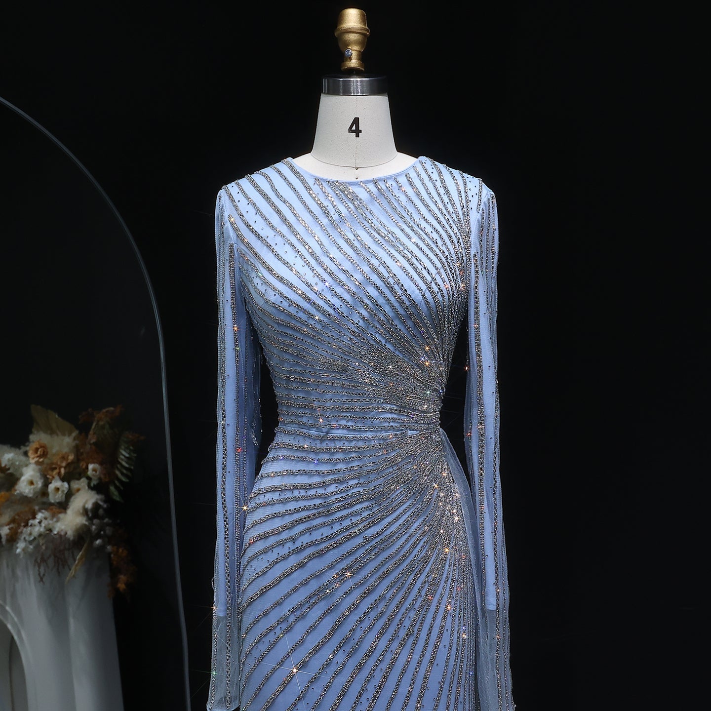 Luxury Beaded Gold Long Sleeves Evening Dress with Overskirt SS113