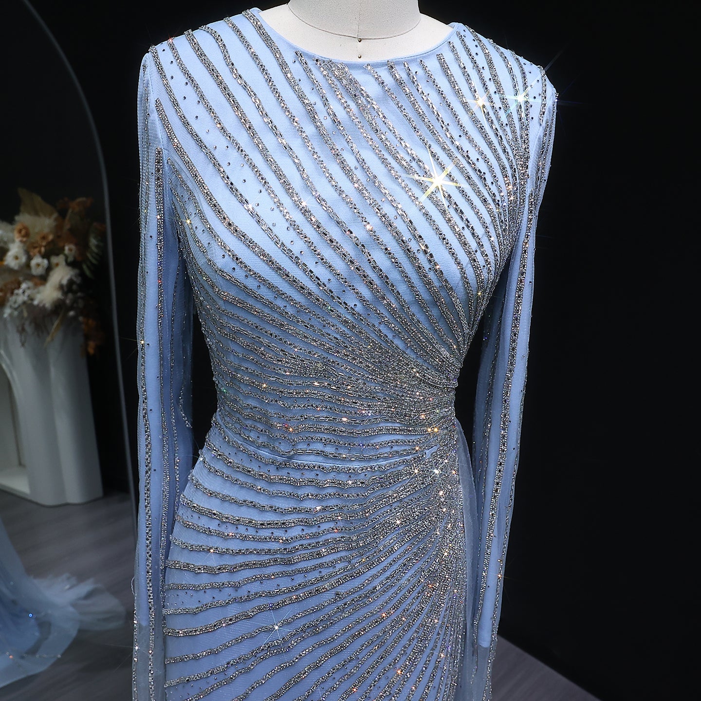 Luxury Beaded Gold Long Sleeves Evening Dress with Overskirt SS113