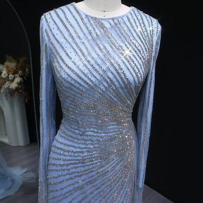Luxury Beaded Gold Long Sleeves Evening Dress with Overskirt SS113