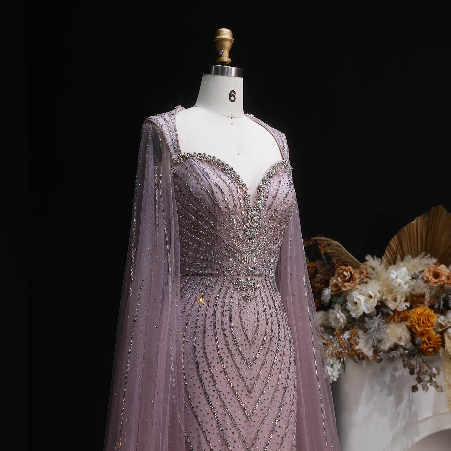Elegant Pink Sweetheart Beaded Evening Dress with Cape Sleeve SS130