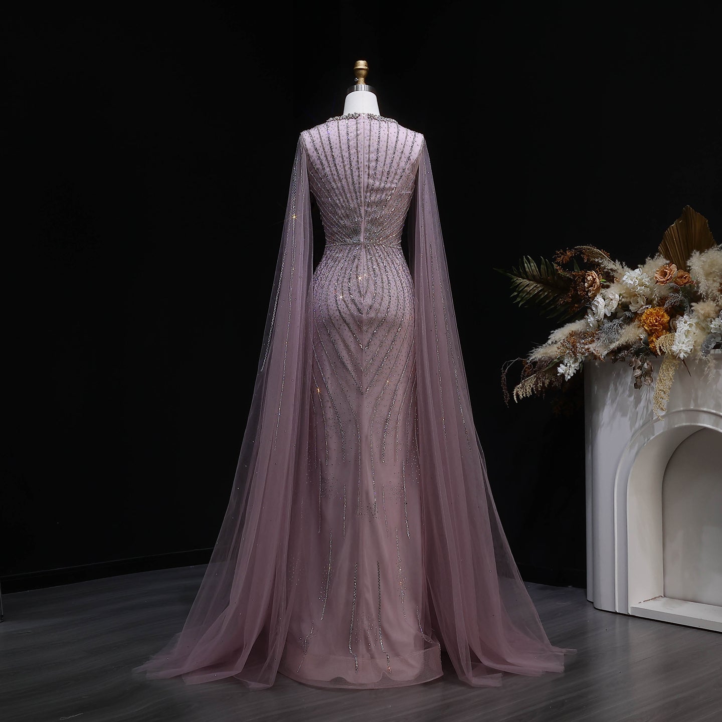 Elegant Pink Sweetheart Beaded Evening Dress with Cape Sleeve SS130