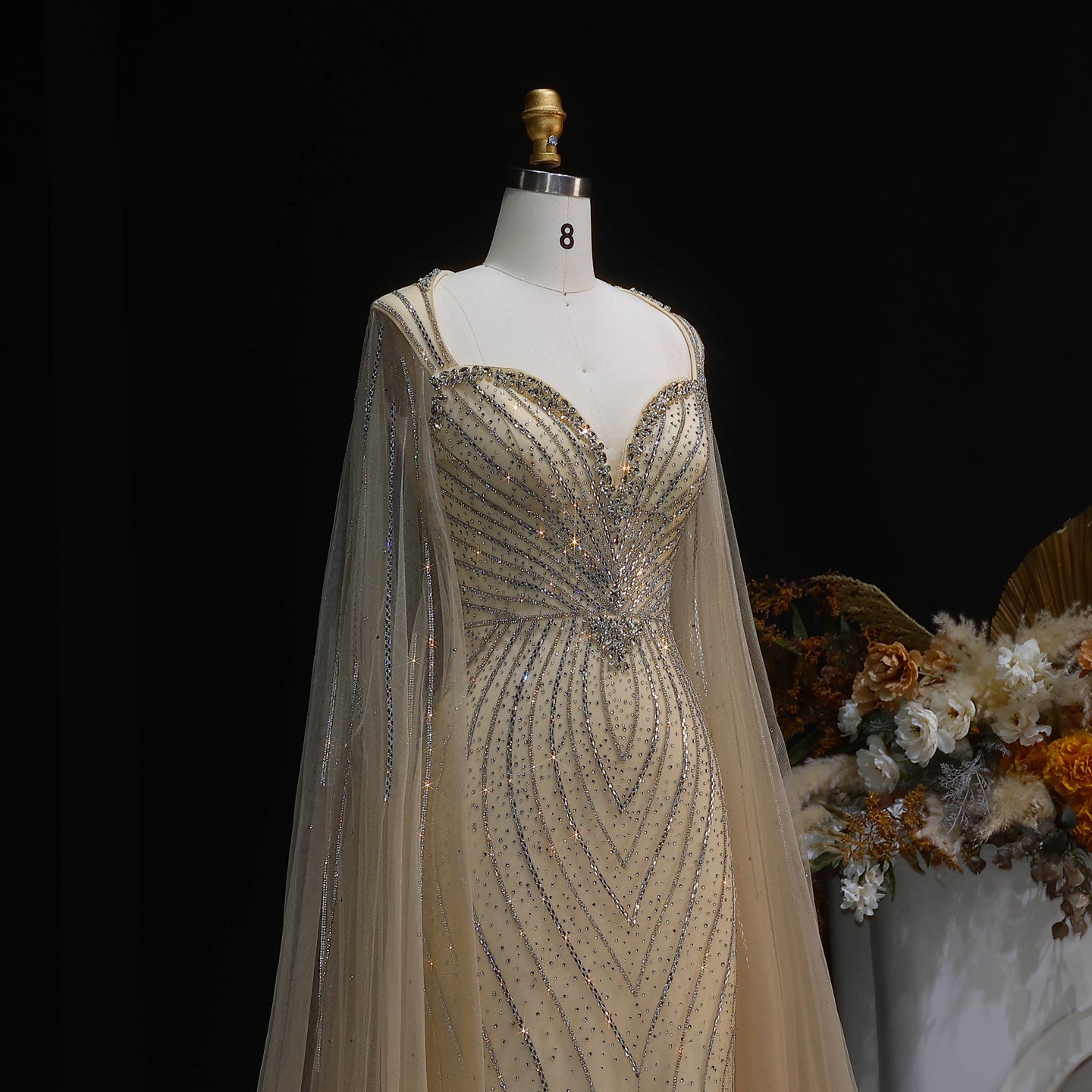 Elegant Pink Sweetheart Beaded Evening Dress with Cape Sleeve SS130