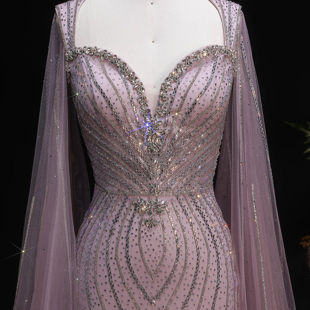 Elegant Pink Sweetheart Beaded Evening Dress with Cape Sleeve SS130