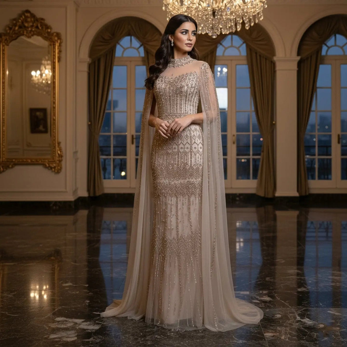 Luxury Green Long Sleeve Sequin Beaded Formal Evening Dress SS150