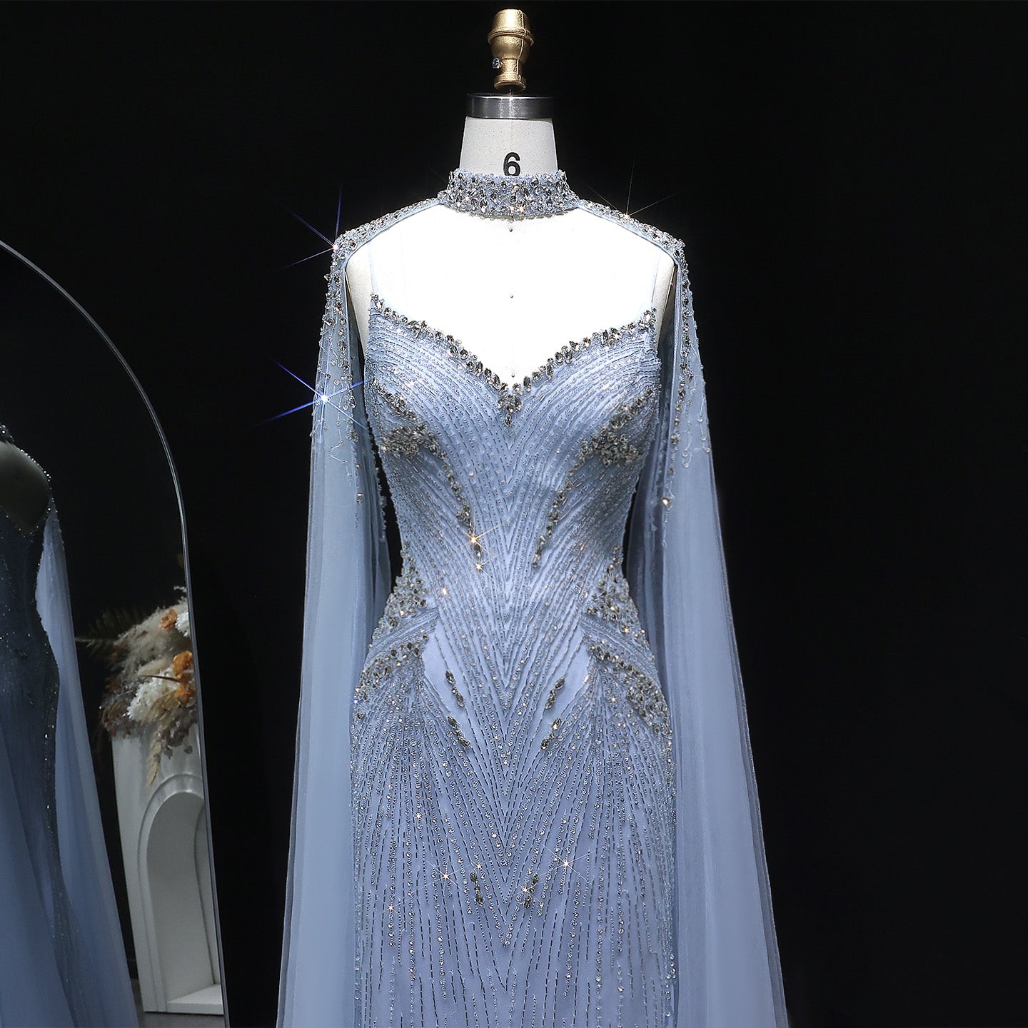 Elegant Blue Beaded Spaghetti Strap Evening Dress with Cape Sleeve SS151