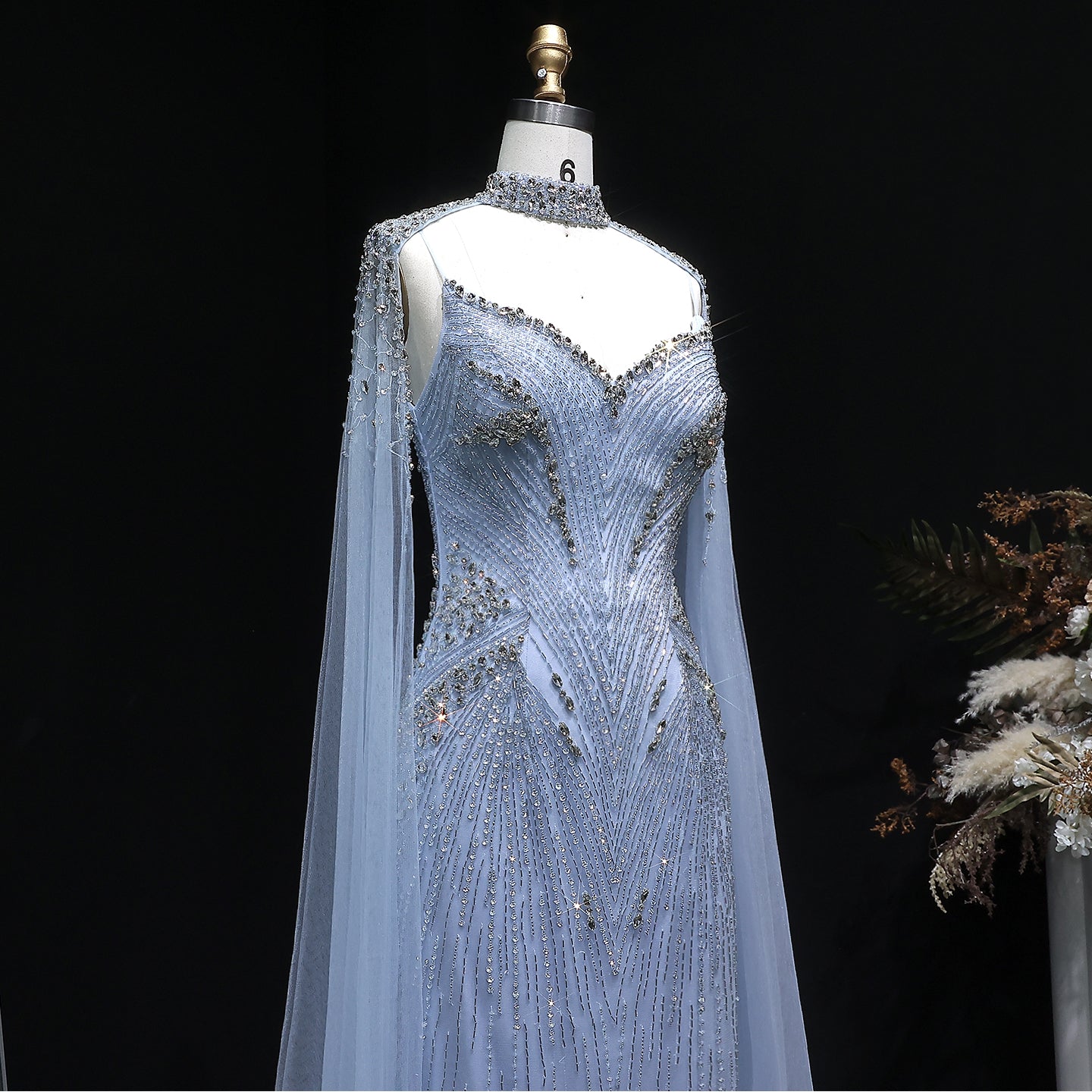Elegant Blue Beaded Spaghetti Strap Evening Dress with Cape Sleeve SS151