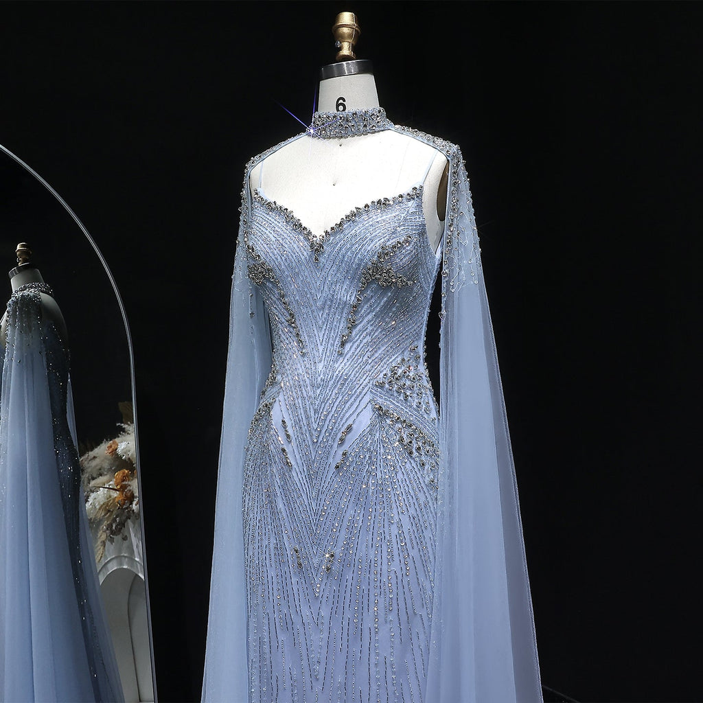 Elegant Blue Beaded Spaghetti Strap Evening Dress with Cape Sleeve SS151
