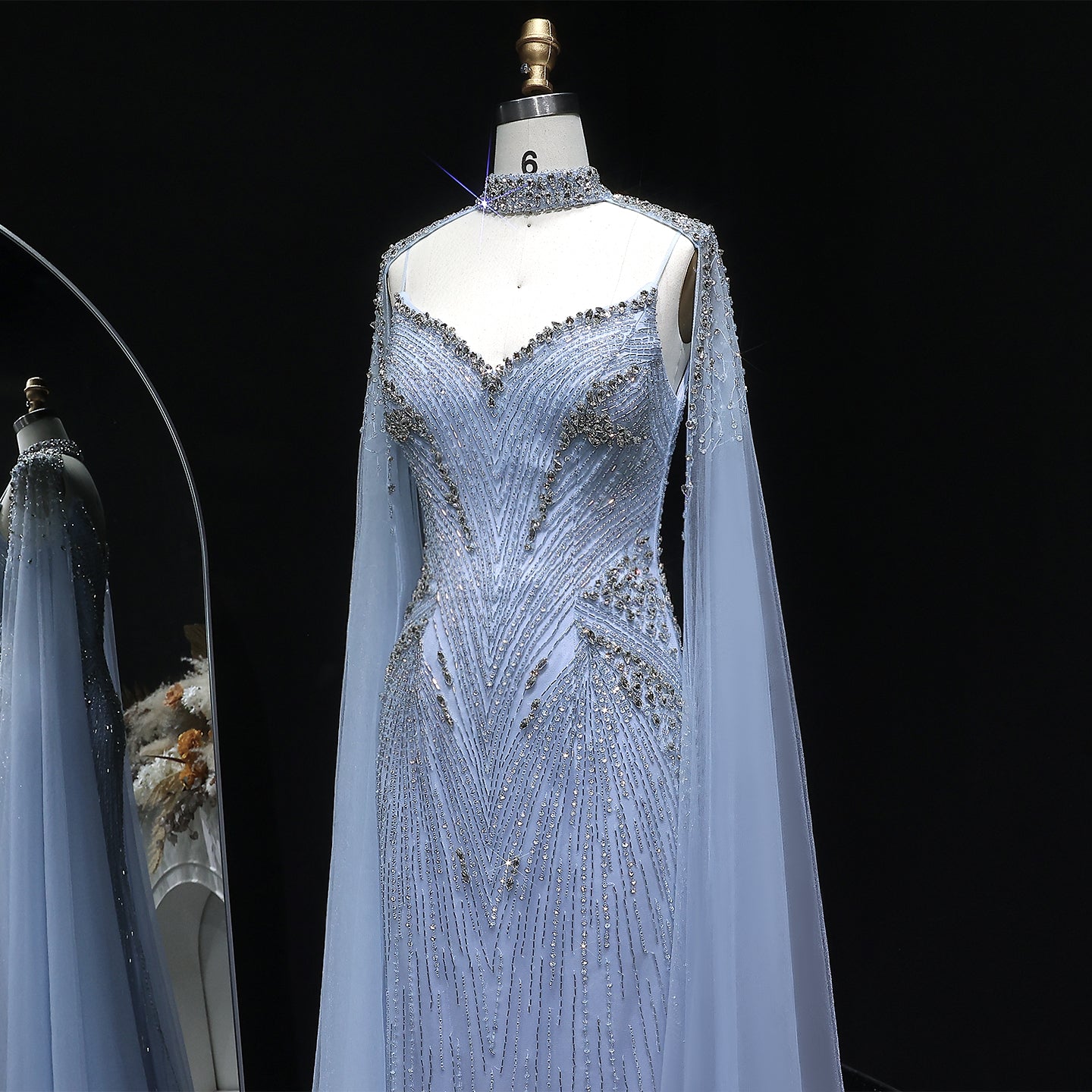 Elegant Blue Beaded Spaghetti Strap Evening Dress with Cape Sleeve SS151