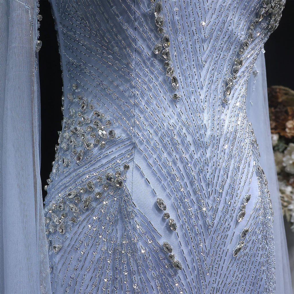 Elegant Blue Beaded Spaghetti Strap Evening Dress with Cape Sleeve SS151