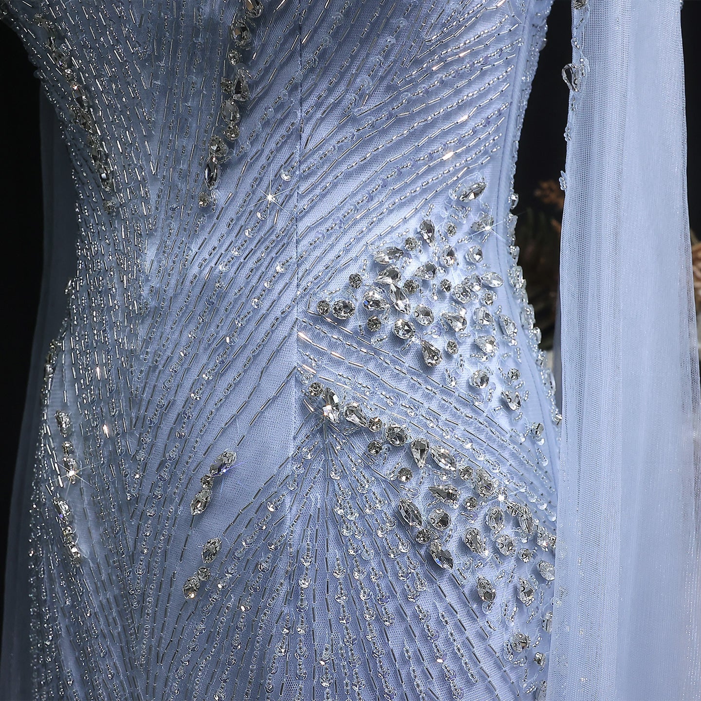 Elegant Blue Beaded Spaghetti Strap Evening Dress with Cape Sleeve SS151