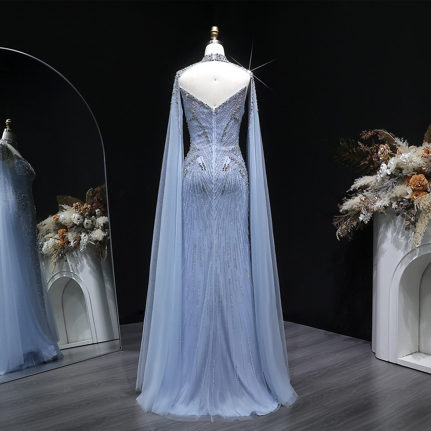 Elegant Blue Beaded Spaghetti Strap Evening Dress with Cape Sleeve SS151