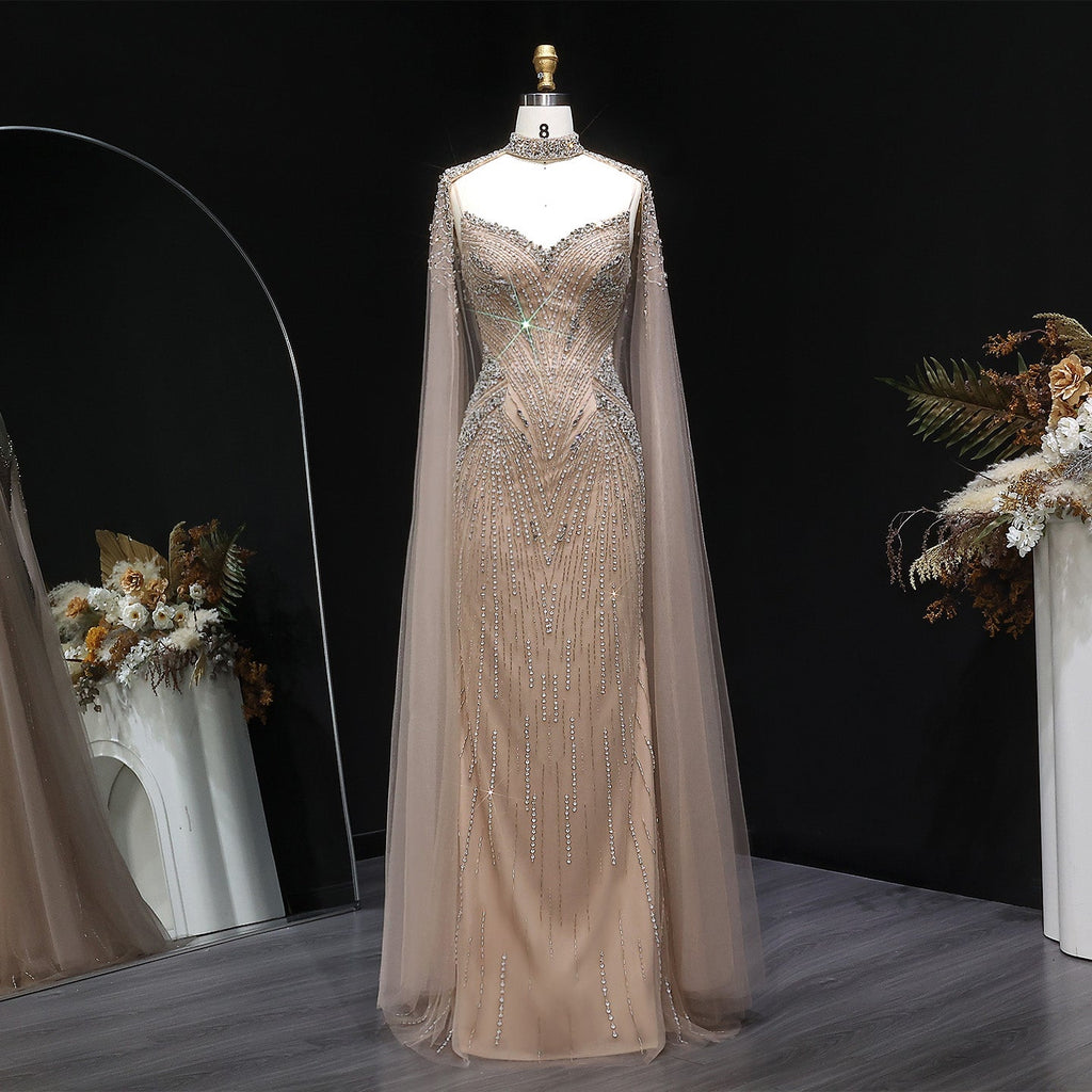 Elegant Blue Beaded Spaghetti Strap Evening Dress with Cape Sleeve SS151