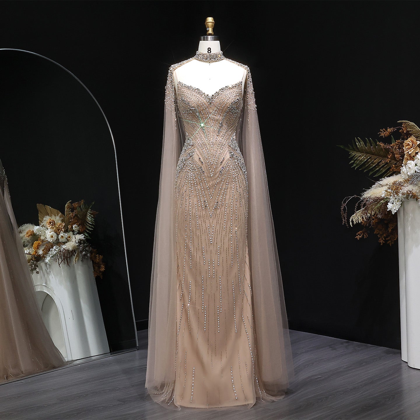 Elegant Blue Beaded Spaghetti Strap Evening Dress with Cape Sleeve SS151
