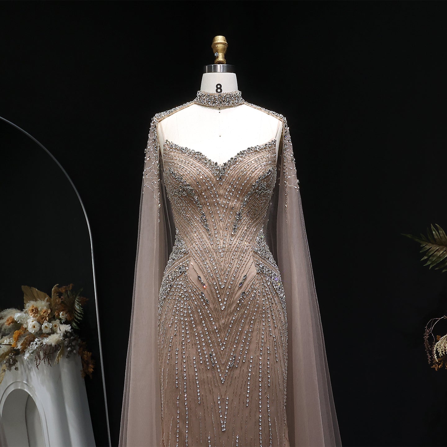 Elegant Blue Beaded Spaghetti Strap Evening Dress with Cape Sleeve SS151