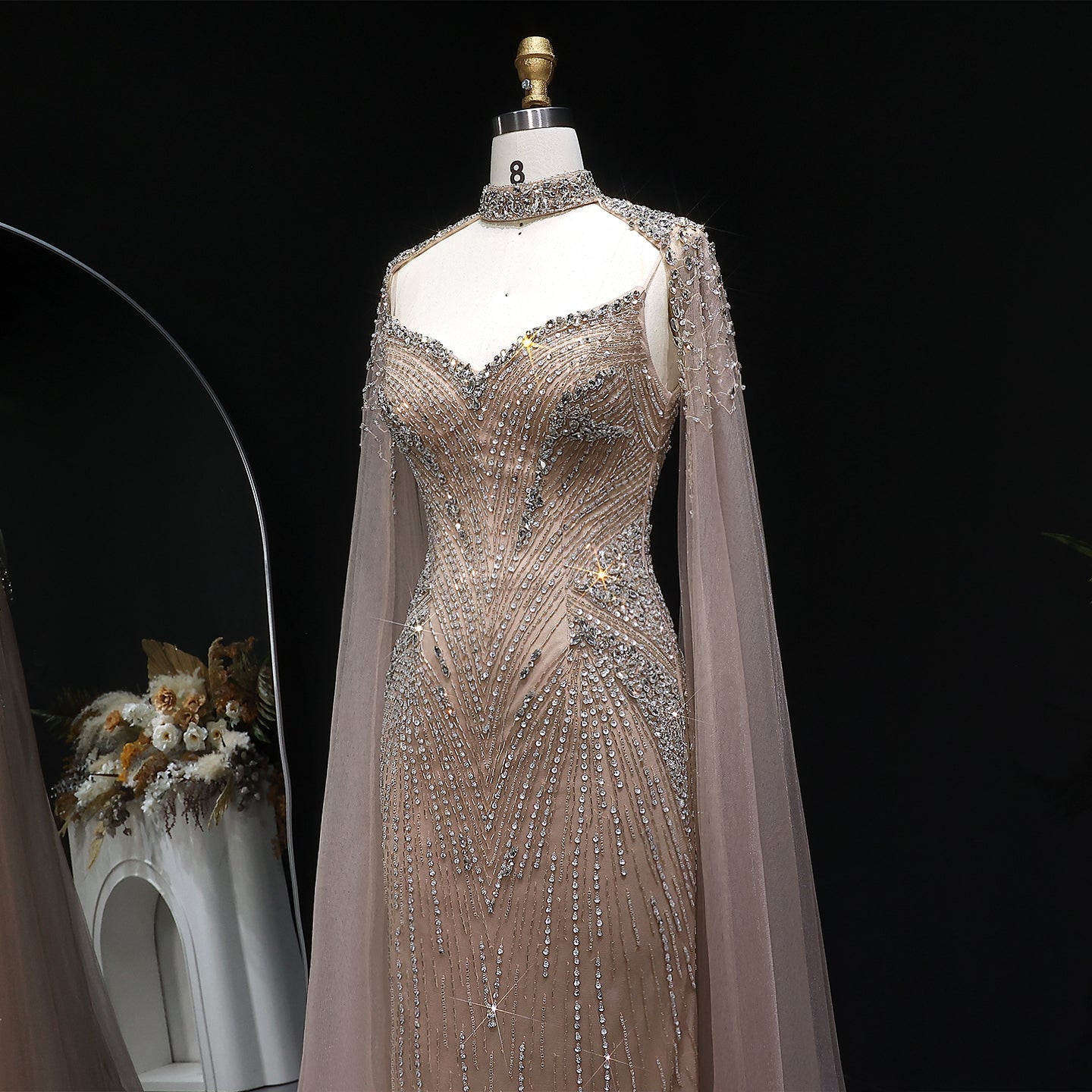 Elegant Blue Beaded Spaghetti Strap Evening Dress with Cape Sleeve SS151