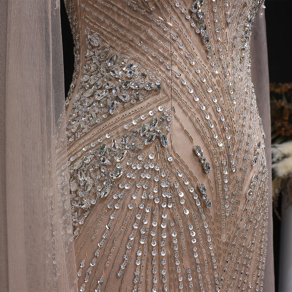 Elegant Blue Beaded Spaghetti Strap Evening Dress with Cape Sleeve SS151