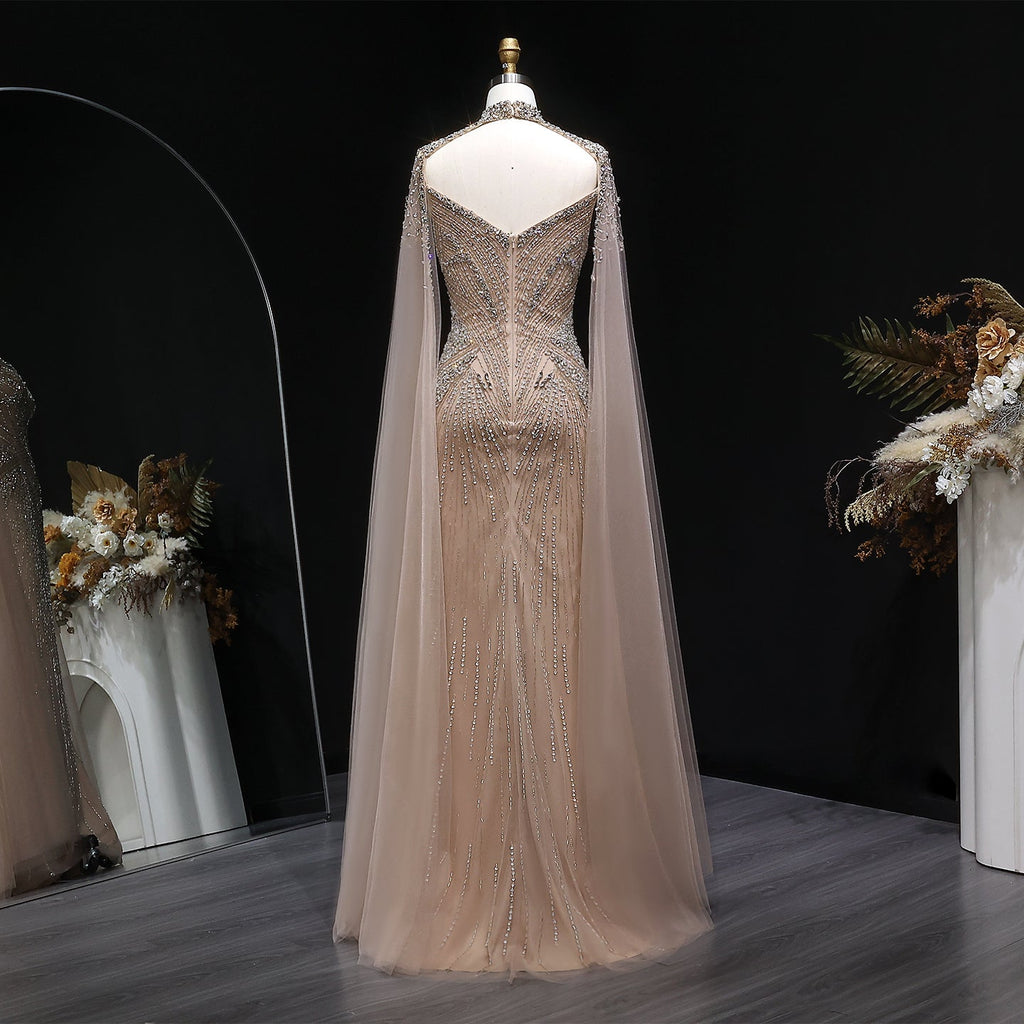 Elegant Blue Beaded Spaghetti Strap Evening Dress with Cape Sleeve SS151
