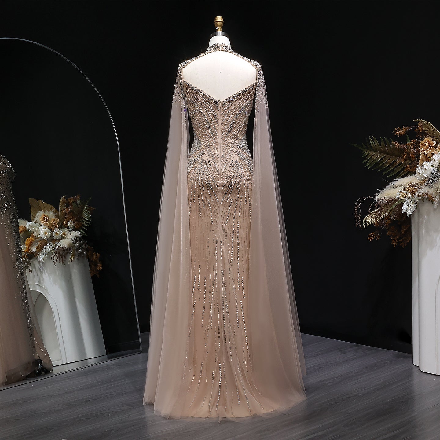 Elegant Blue Beaded Spaghetti Strap Evening Dress with Cape Sleeve SS151