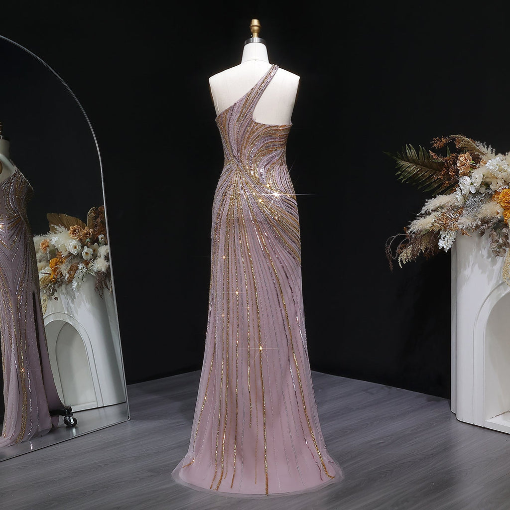 Elegant Gold Crystal Beaded High Slit Mermaid Evening Dress SS153
