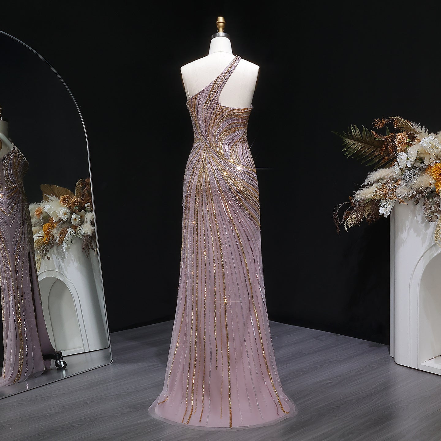 Elegant Gold Crystal Beaded High Slit Mermaid Evening Dress SS153