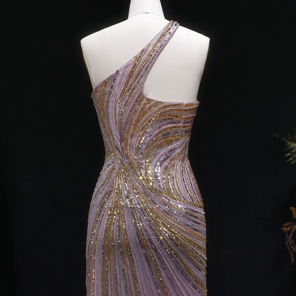 Elegant Gold Crystal Beaded High Slit Mermaid Evening Dress SS153