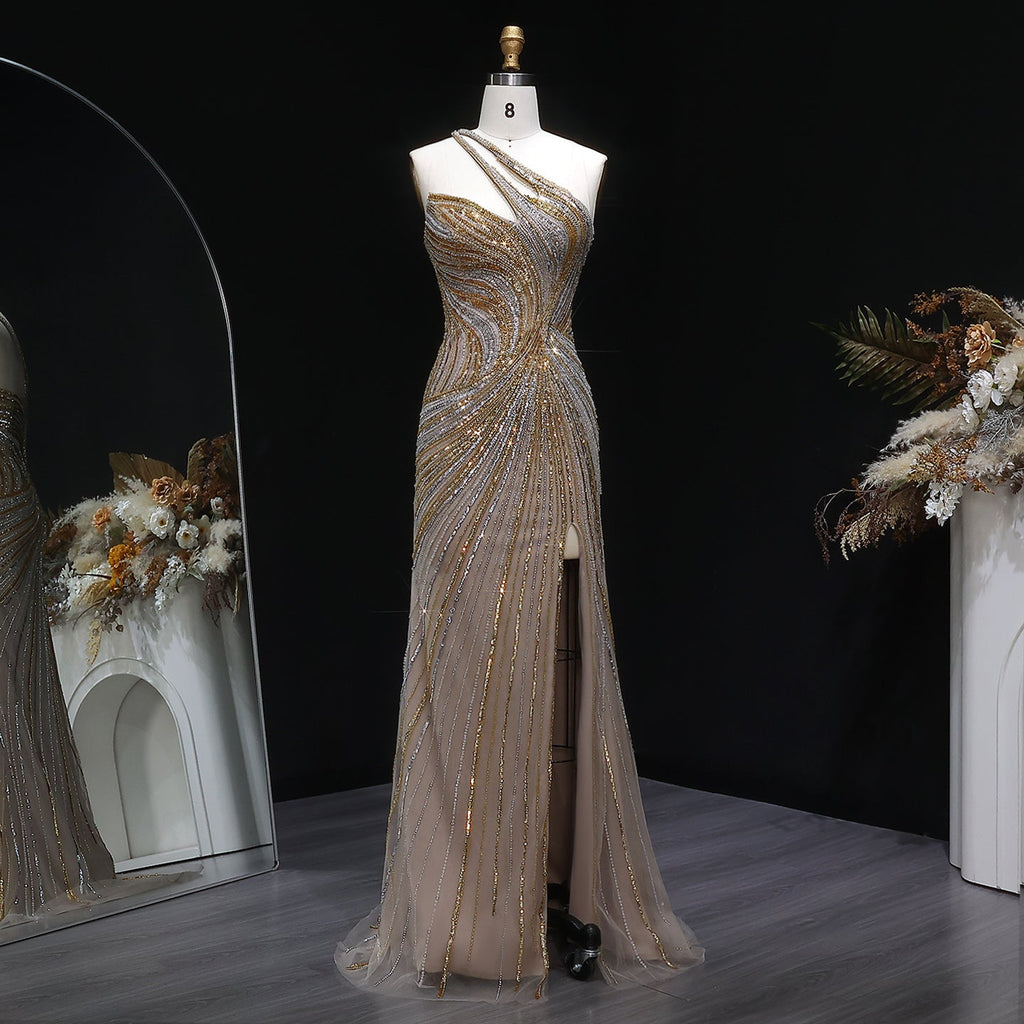 Elegant Gold Crystal Beaded High Slit Mermaid Evening Dress SS153