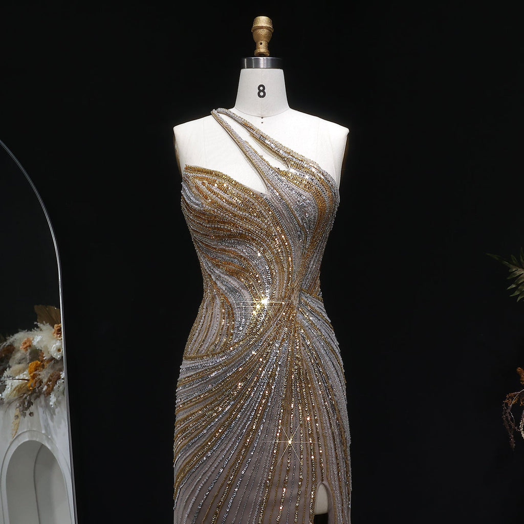 Elegant Gold Crystal Beaded High Slit Mermaid Evening Dress SS153