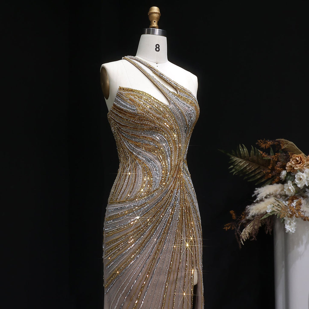 Elegant Gold Crystal Beaded High Slit Mermaid Evening Dress SS153