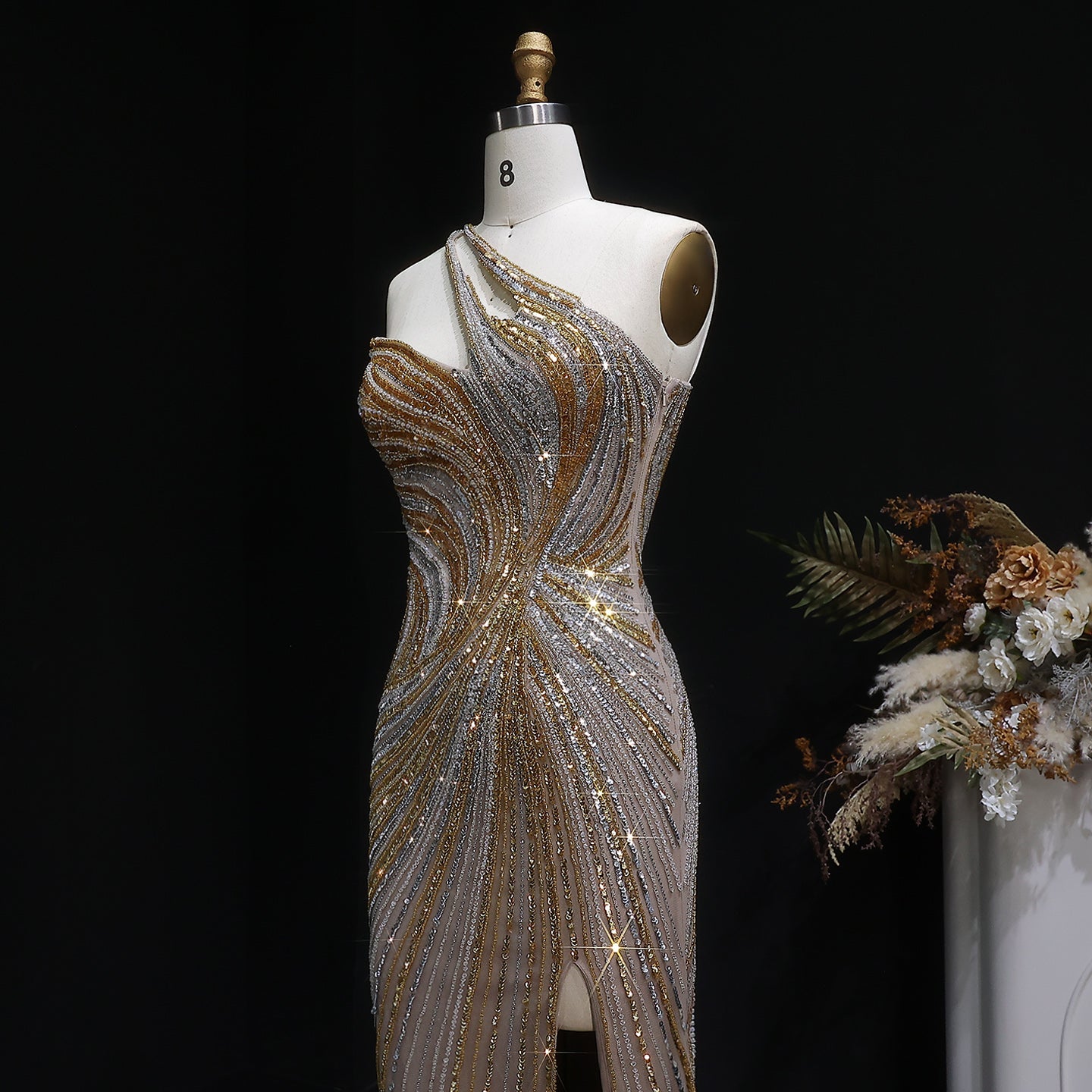 Elegant Gold Crystal Beaded High Slit Mermaid Evening Dress SS153