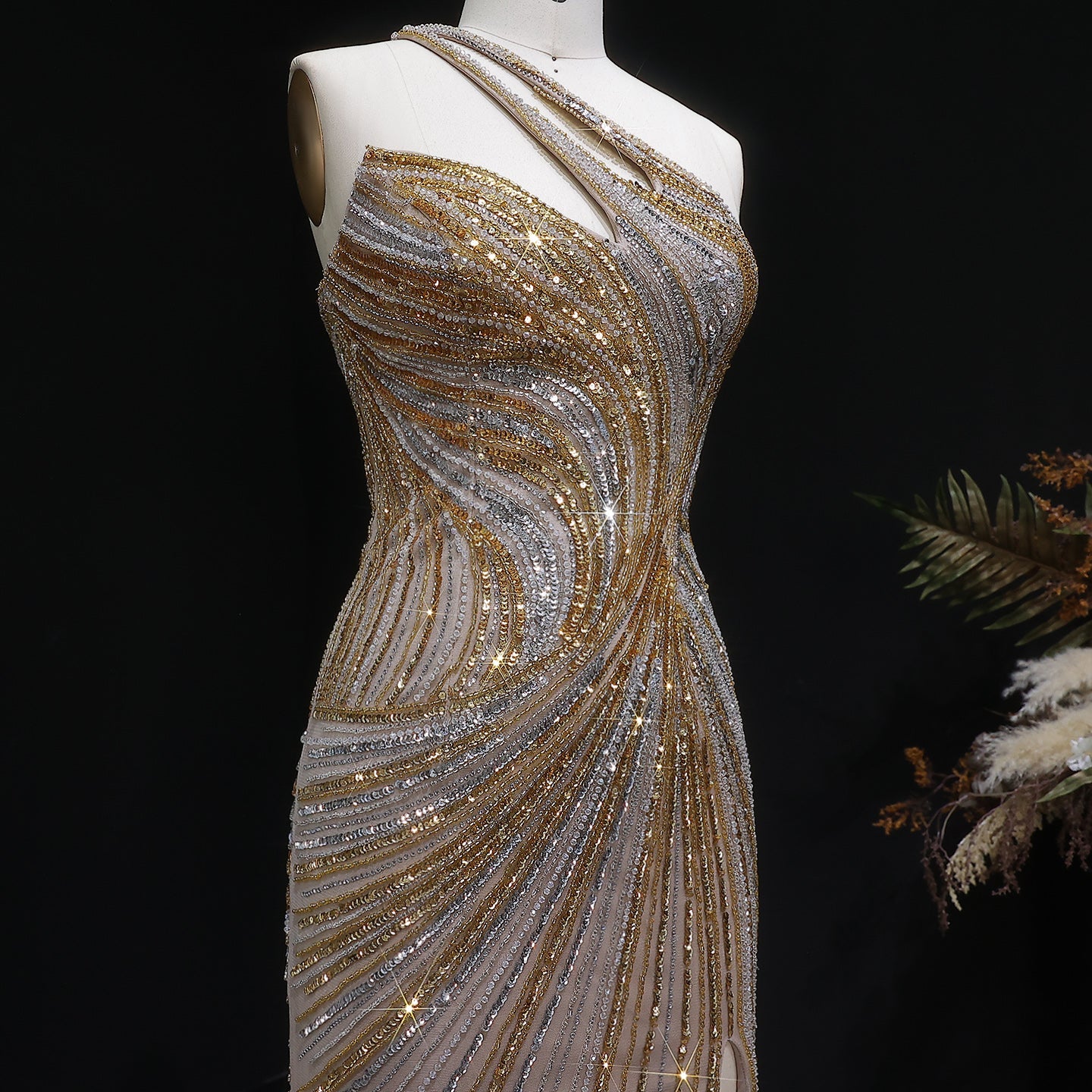 Elegant Gold Crystal Beaded High Slit Mermaid Evening Dress SS153