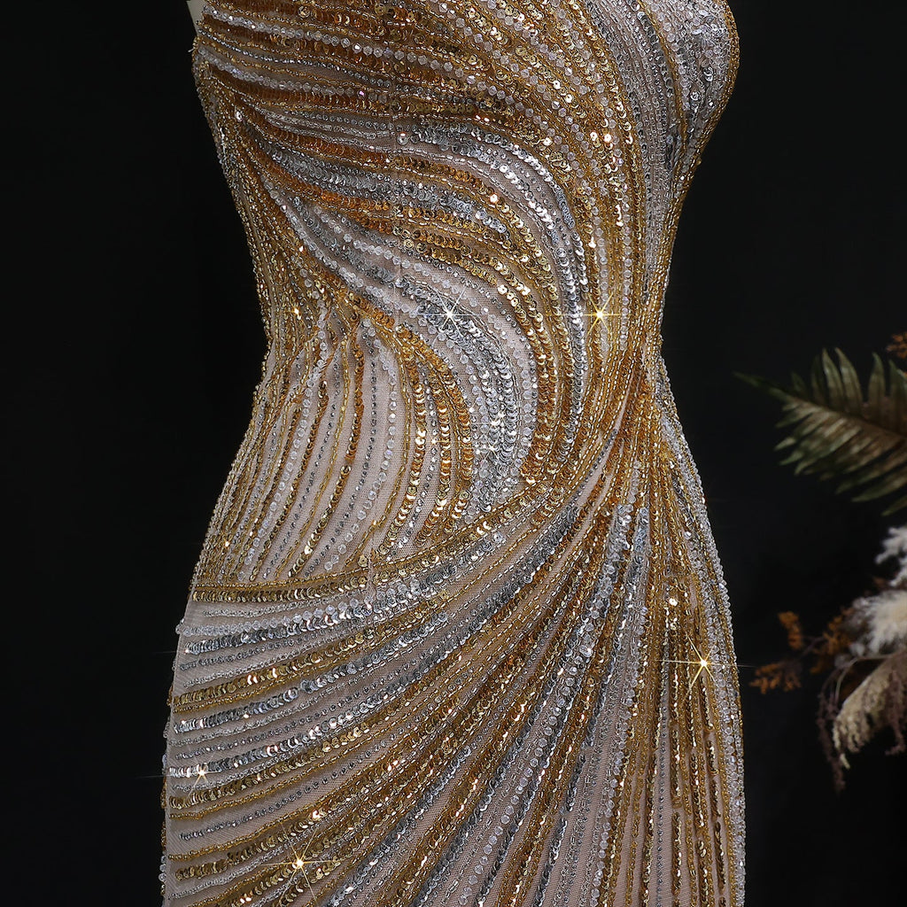Elegant Gold Crystal Beaded High Slit Mermaid Evening Dress SS153
