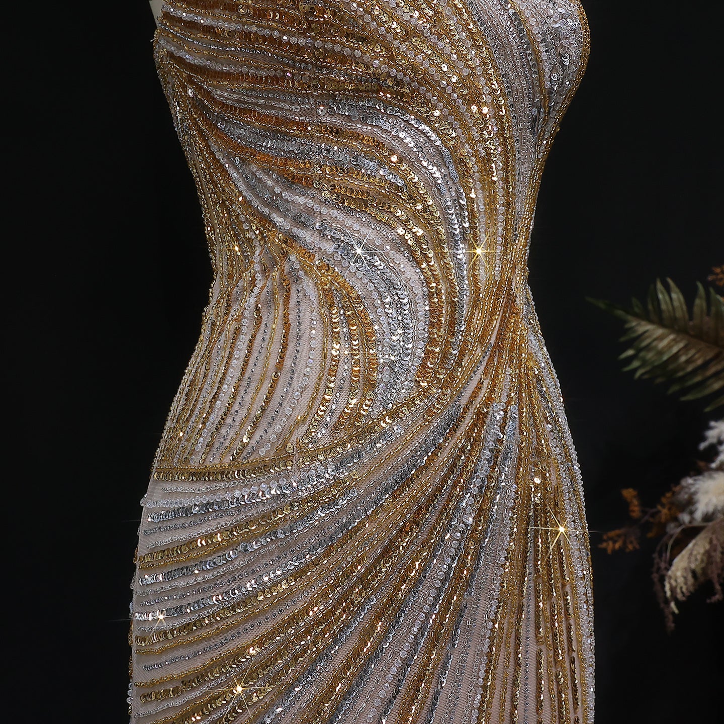 Elegant Gold Crystal Beaded High Slit Mermaid Evening Dress SS153