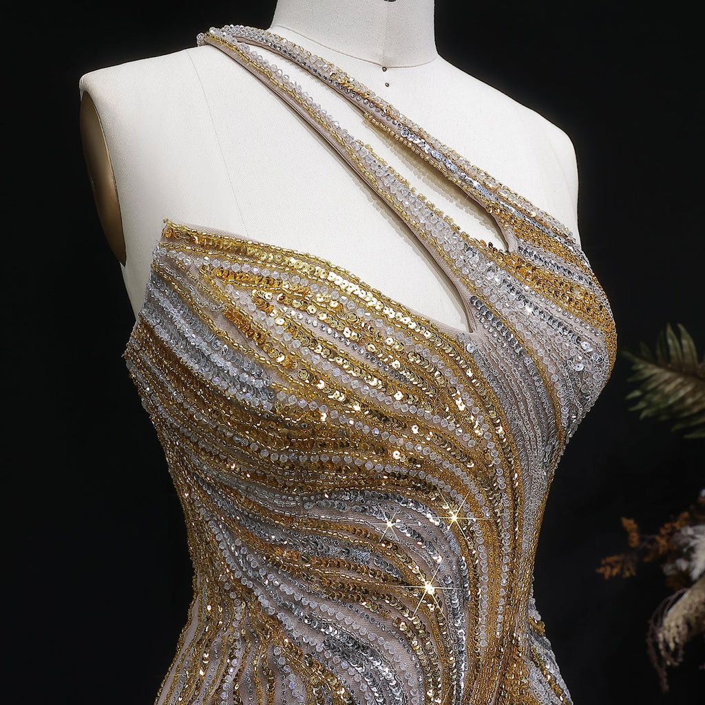 Elegant Gold Crystal Beaded High Slit Mermaid Evening Dress SS153