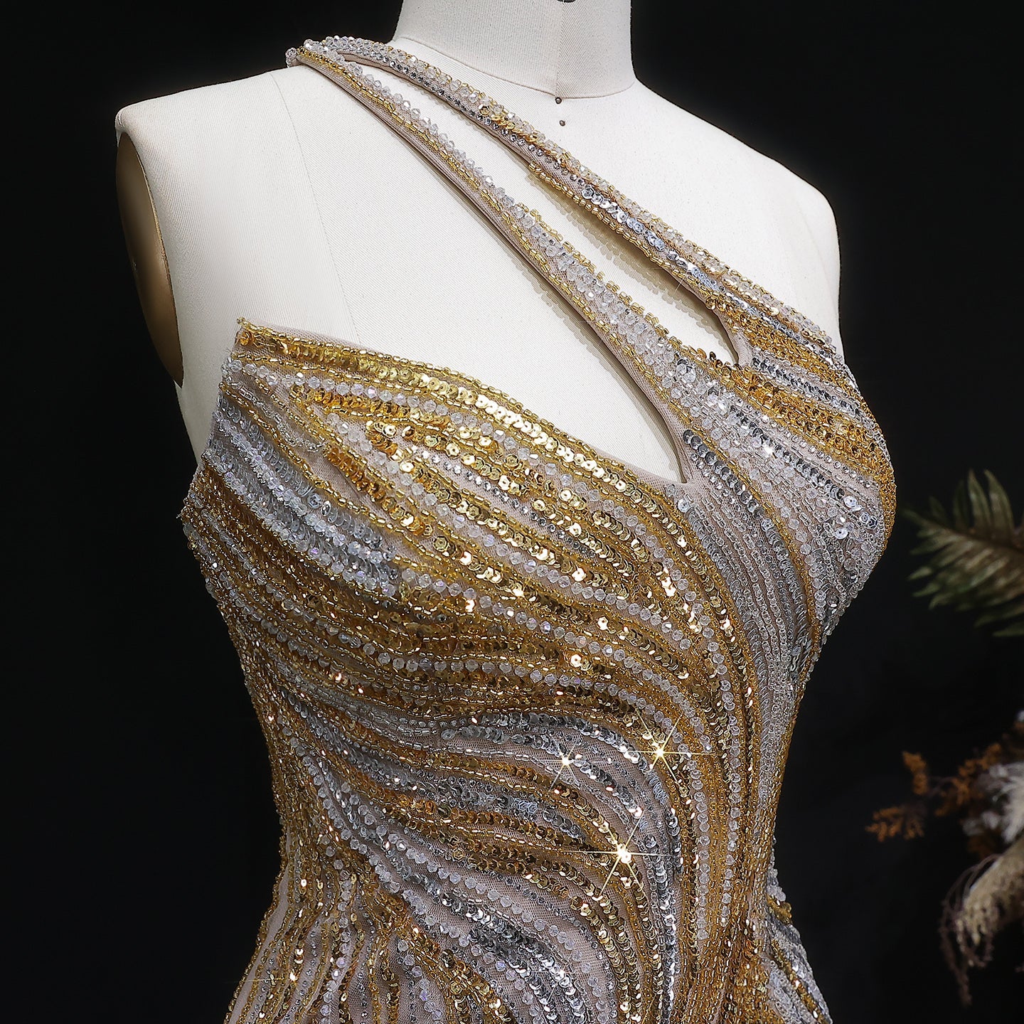 Elegant Gold Crystal Beaded High Slit Mermaid Evening Dress SS153