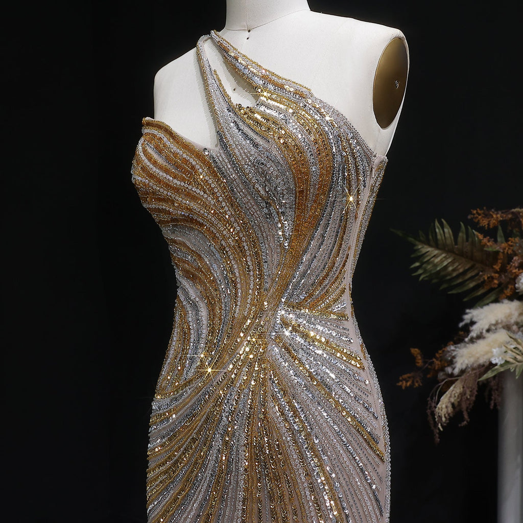 Elegant Gold Crystal Beaded High Slit Mermaid Evening Dress SS153