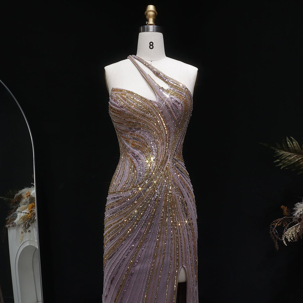Elegant Gold Crystal Beaded High Slit Mermaid Evening Dress SS153