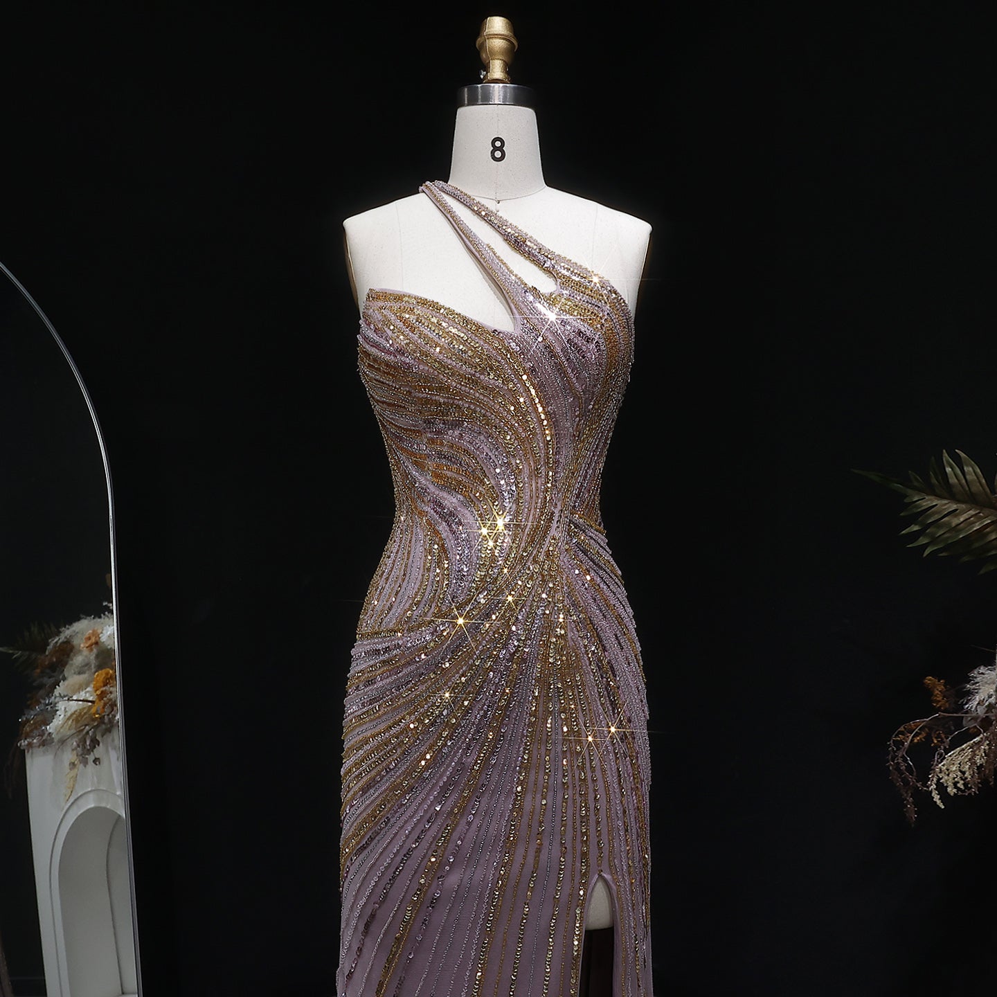 Elegant Gold Crystal Beaded High Slit Mermaid Evening Dress SS153