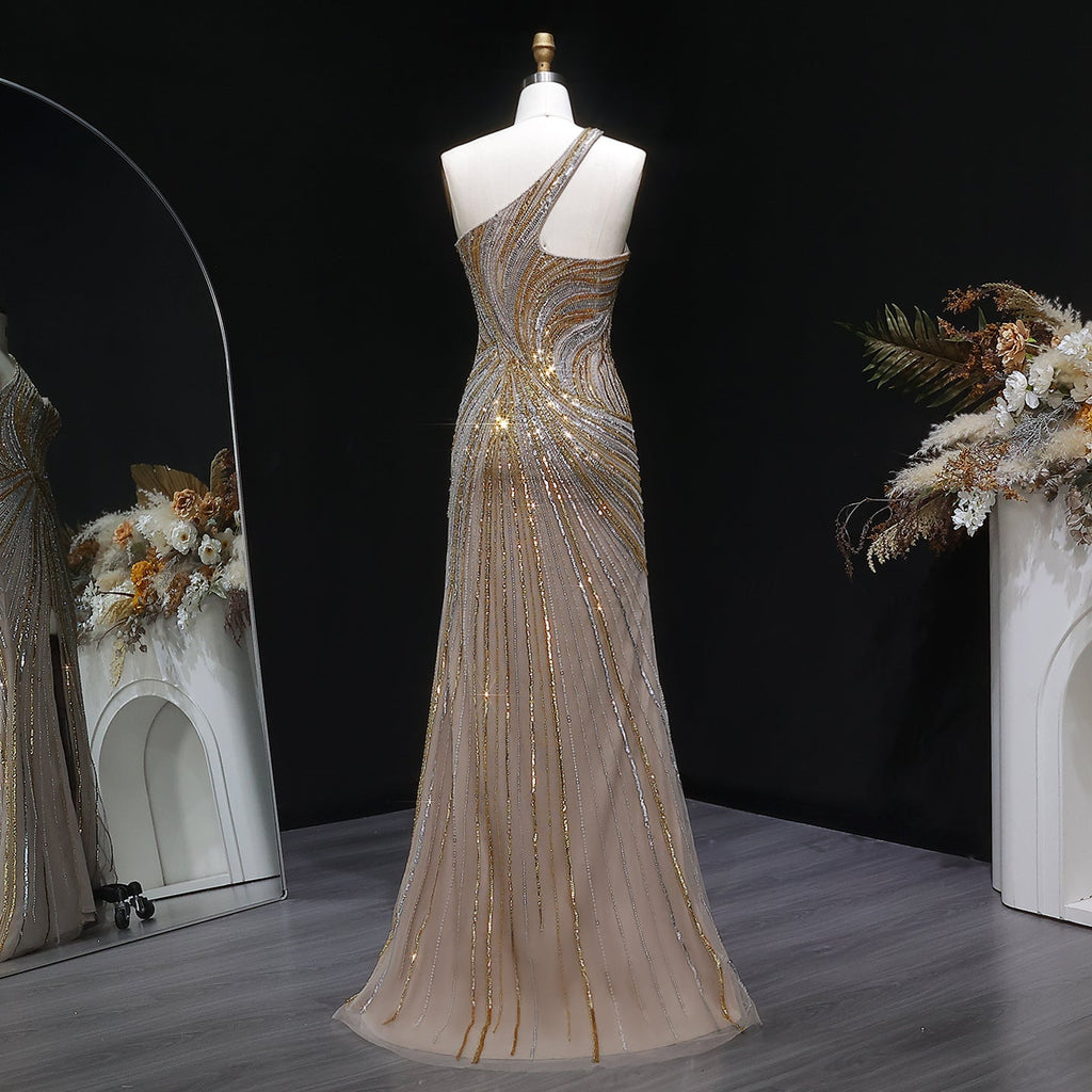 Elegant Gold Crystal Beaded High Slit Mermaid Evening Dress SS153