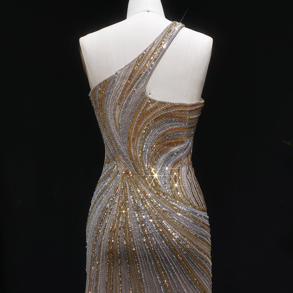 Elegant Gold Crystal Beaded High Slit Mermaid Evening Dress SS153