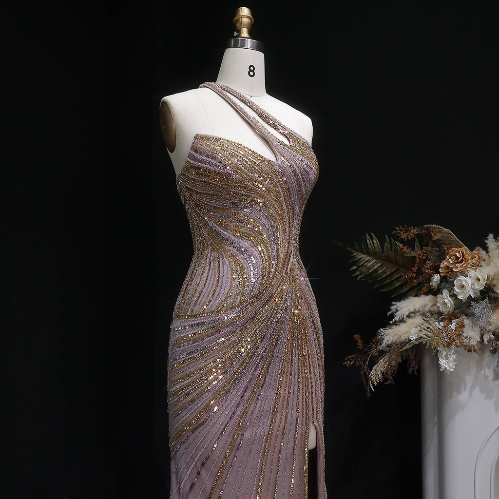 Elegant Gold Crystal Beaded High Slit Mermaid Evening Dress SS153