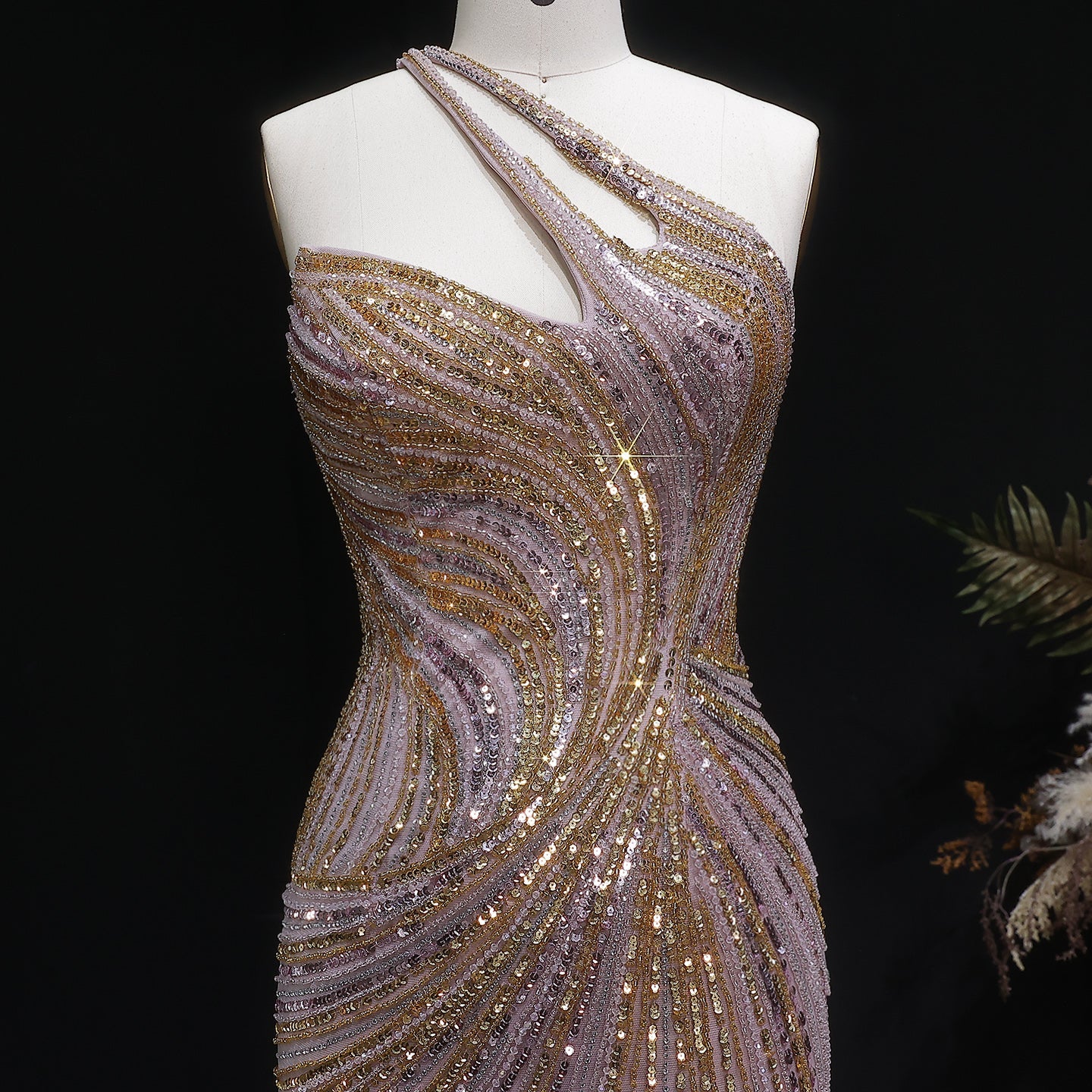 Elegant Gold Crystal Beaded High Slit Mermaid Evening Dress SS153