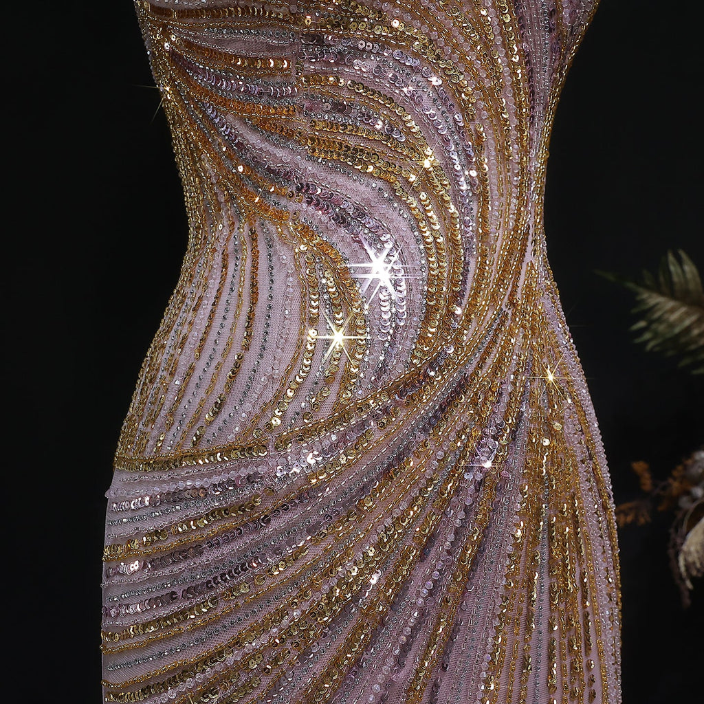 Elegant Gold Crystal Beaded High Slit Mermaid Evening Dress SS153